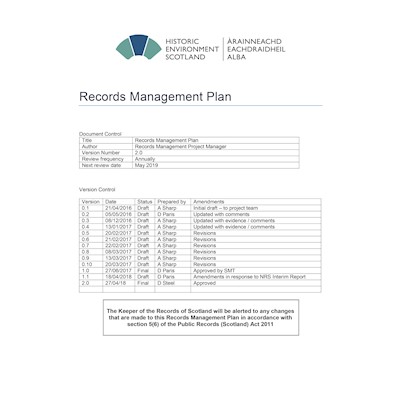 Front cover of Records Management Plan