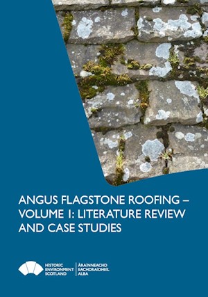 A cover page for Angus Flagstone Roofing Volume 1: Literature Review and Case Studies, featuring a photo of a mossy flagstone roof