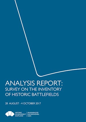 A blue cover page with a white keystone across the front. It reads: Analysis Report: Survey on the Inventory of Historic Battlefields
