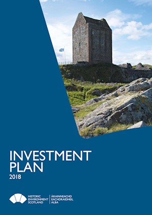 A blue cover of a document with a photograph of a building framed by the shape of a keystone.