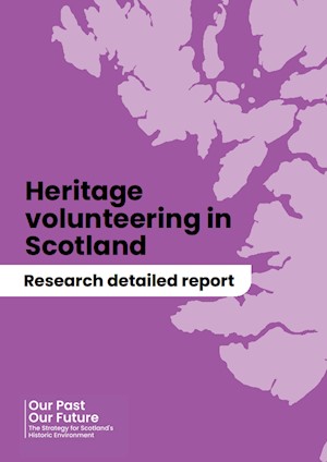 Front cover of the report with the text 'Heritage Volunteering in Scotland Research Report'