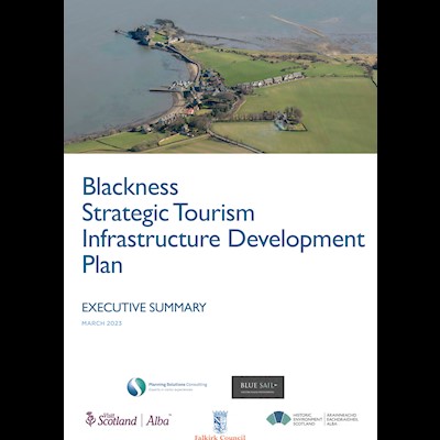 Front cover of the Tourism Infrastructure Development Plan with an aerial shot of Blackness