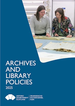Front cover of Archives and Library Policies 2025 with two people looking over some archive material