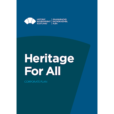 A blue cover of a document with a keystone shape and the words "Heritage For All"