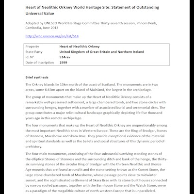 Heart of Neolithic Orkney Statement of Outstanding Universal Value