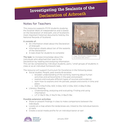 Front cover of Investigating Sealants Declaration of Arbroath teachers notes