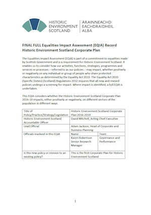 Corporate Plan 2016-19 Equality Impact Assessment Record