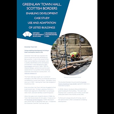 Front cover of case study about Greenlaw Townhall where a man can be seen renovating the Townhall.