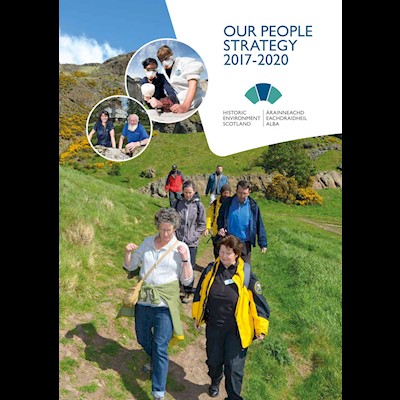 A cover of a book with a photograph of a group of people walking through a park on a sunny day and the words "Our people strategy 2017-2020"