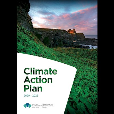 Cover of a document showing a leafy cliff face and a castle at sunset overlaid with a keystone shape and the words Climate Action Plan 2020 - 2025
