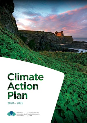 Cover of a document showing a leafy cliff face and a castle at sunset overlaid with a keystone shape and the words Climate Action Plan 2020 - 2025