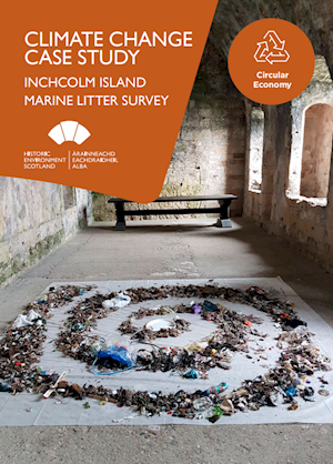 Litter on the ground arranged in a spiral formation inside Inchcolm Abbey