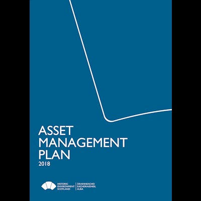 A blue cover of a document with a white keystone shape outlined and the words "Asset Management Plan 2018"