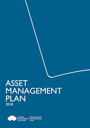 A blue cover of a document with a white keystone shape outlined and the words "Asset Management Plan 2018"