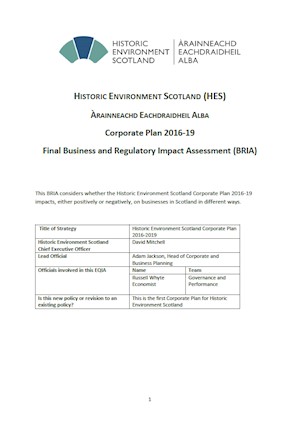 Corporate Plan 2016-19 Final Business and Regulatory Impact Assessment