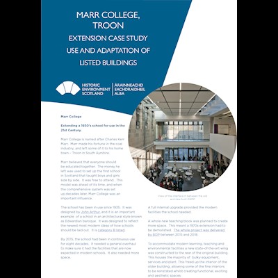 Front cover of a case study about Marr College in Troon, the main foyer is pictured.