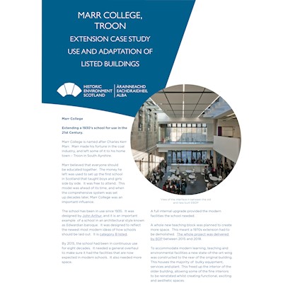 Front cover of a case study about Marr College in Troon, the main foyer is pictured.