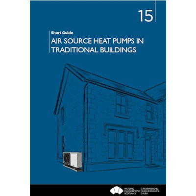 A drawing of a large traditional house with an air source heat pump on the side of the house