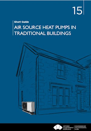 A drawing of a large traditional house with an air source heat pump on the side of the house