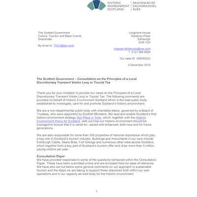 Covering letter for HES response to Scottish Government's transient visitor levy consultation