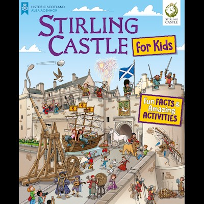 An illustration of Stirling Castle, filled with people from it's history, including soldiers, visitors, royals